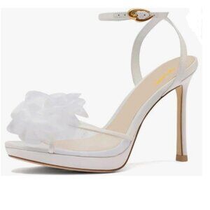 XYD White Mesh Flower Open Toe Sandals Stiletto Heels Platform Ankle Strap Pumps